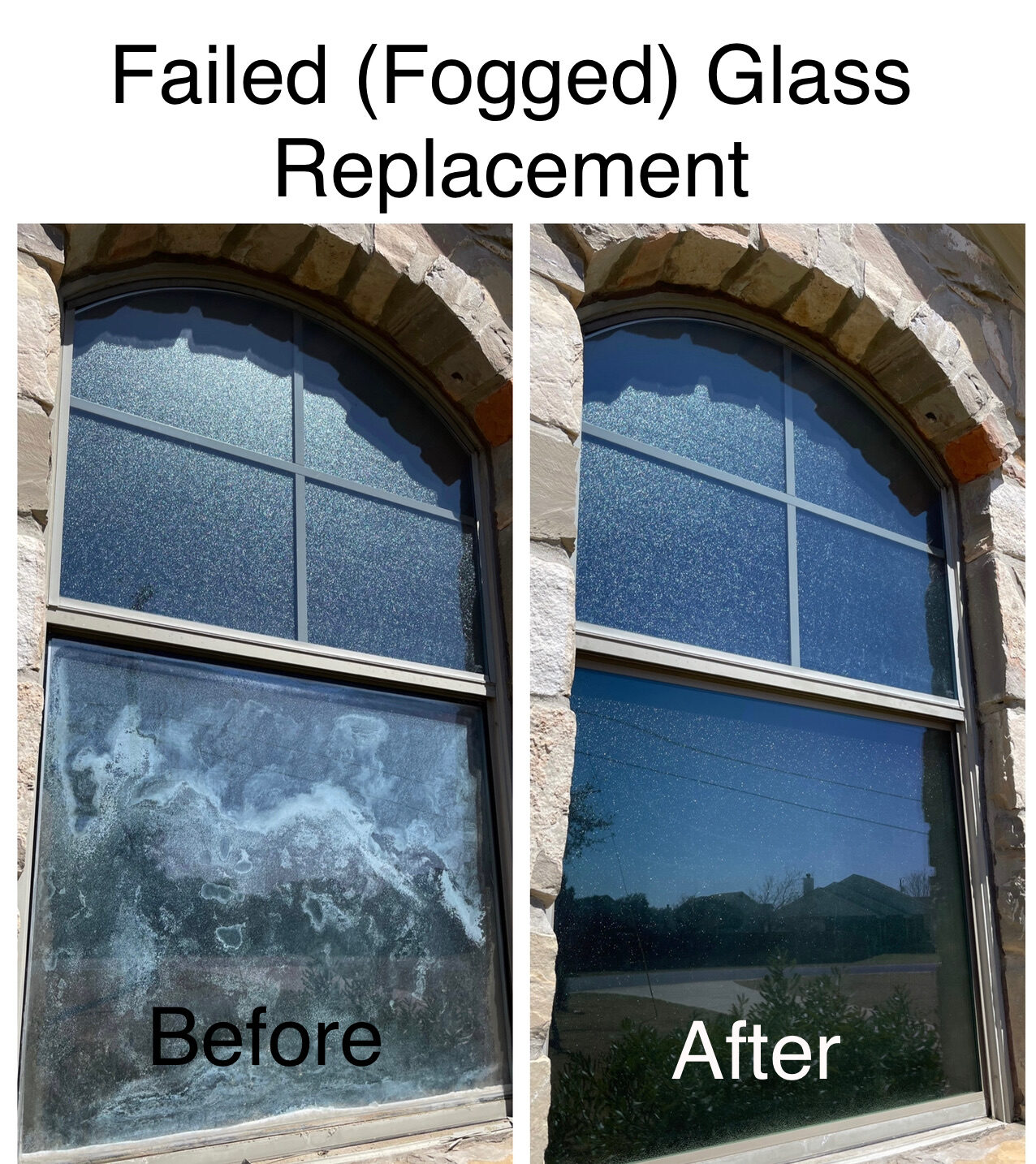 Before and after comparison of failed fogged window glass replacement