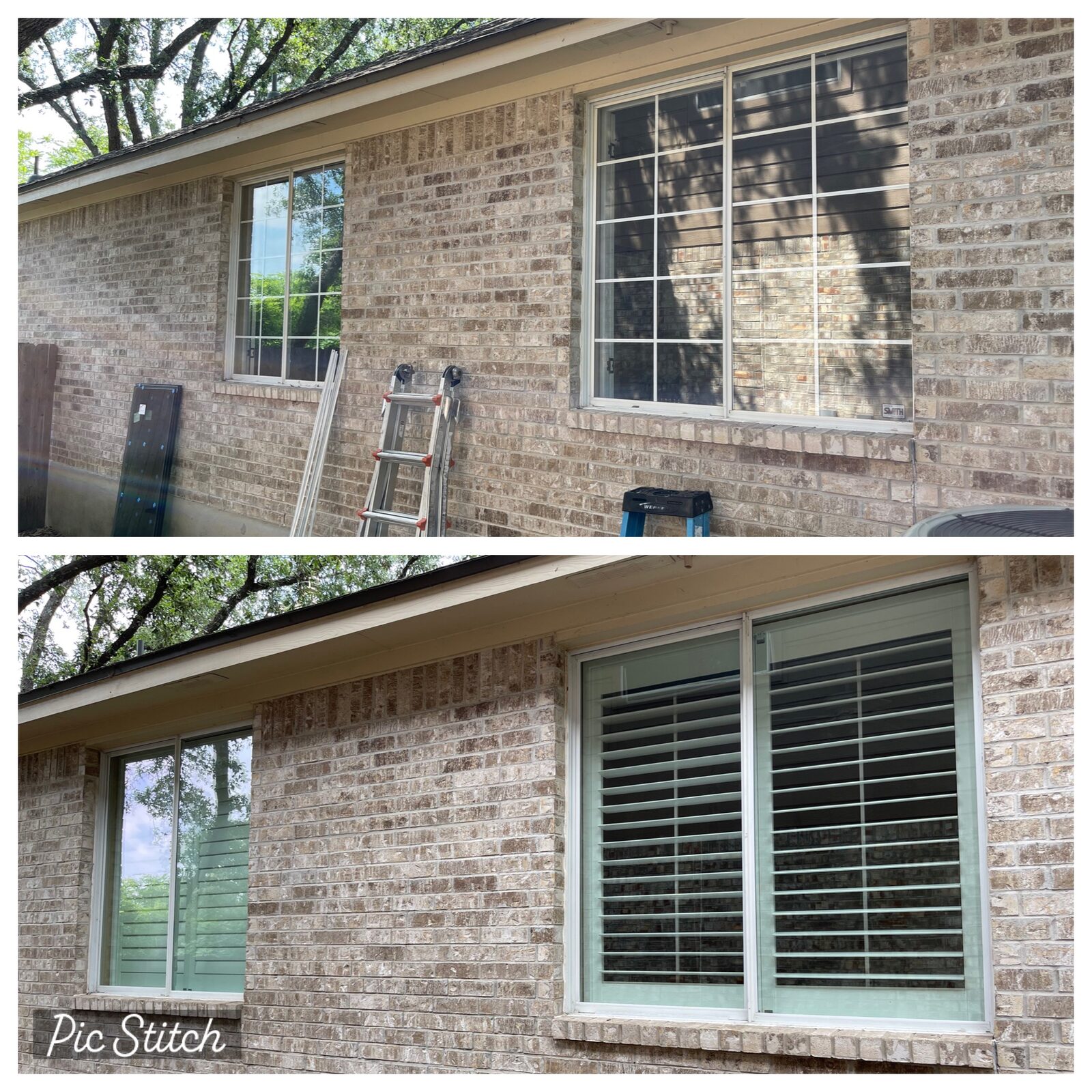 Before and after exterior view of a large residential window glass replacement