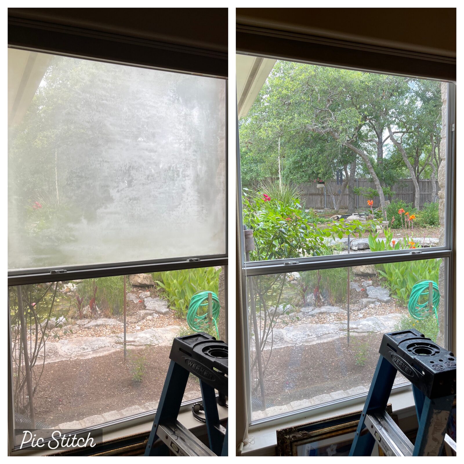 Before and after interior view of fogged insulated glass replaced with clear glass